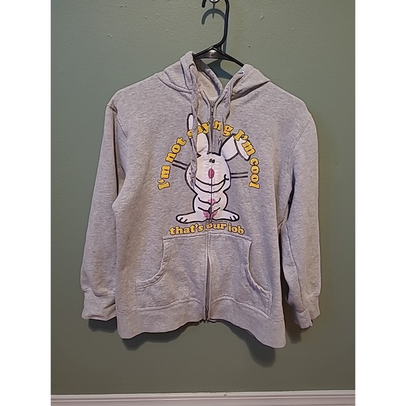 Vintage Y2K Jim Benton Happy Bunny Gray Zip Up Hoodie Women's 1X - Picture 1 of 10